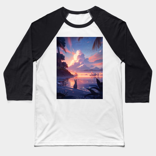 Sunset Beach Rabbit Baseball T-Shirt by berubettoart